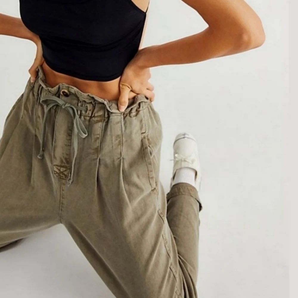 Free People Margate Olive Green High Rise Paperbag Pleated Trouser Pants